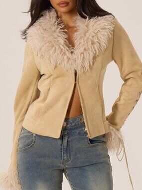 Khaki Party Women's Slim Fit Faux Suede Lace Up Flounce Sleeve Jacket